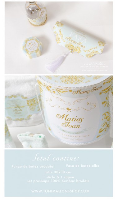 Trusou de botez cu broderie personalizata pentru baieti, Gold & Mint 3